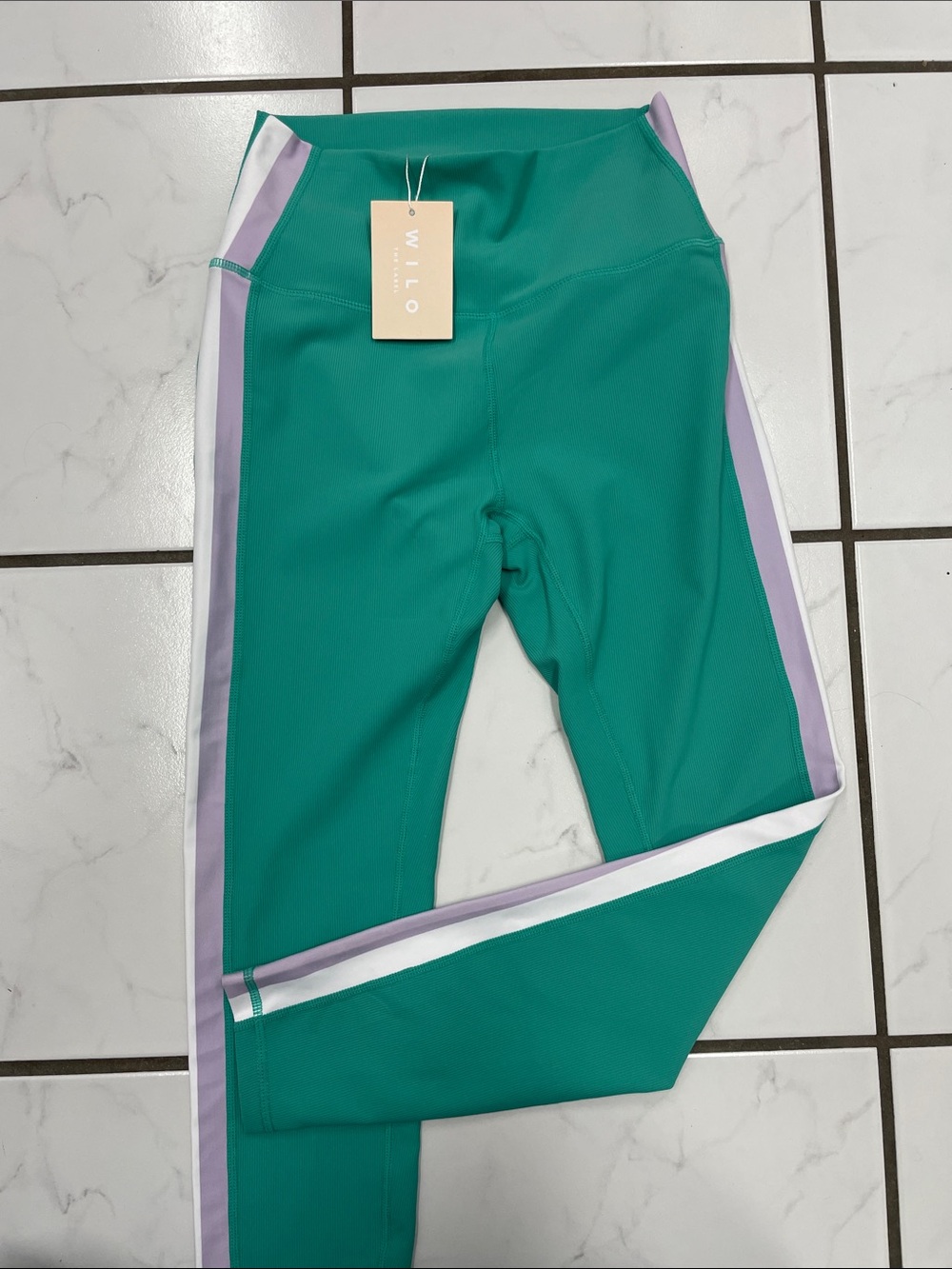 NWT Wilo the Label Apple Green Ribbed Leggings with White & Purple Stripe Size S